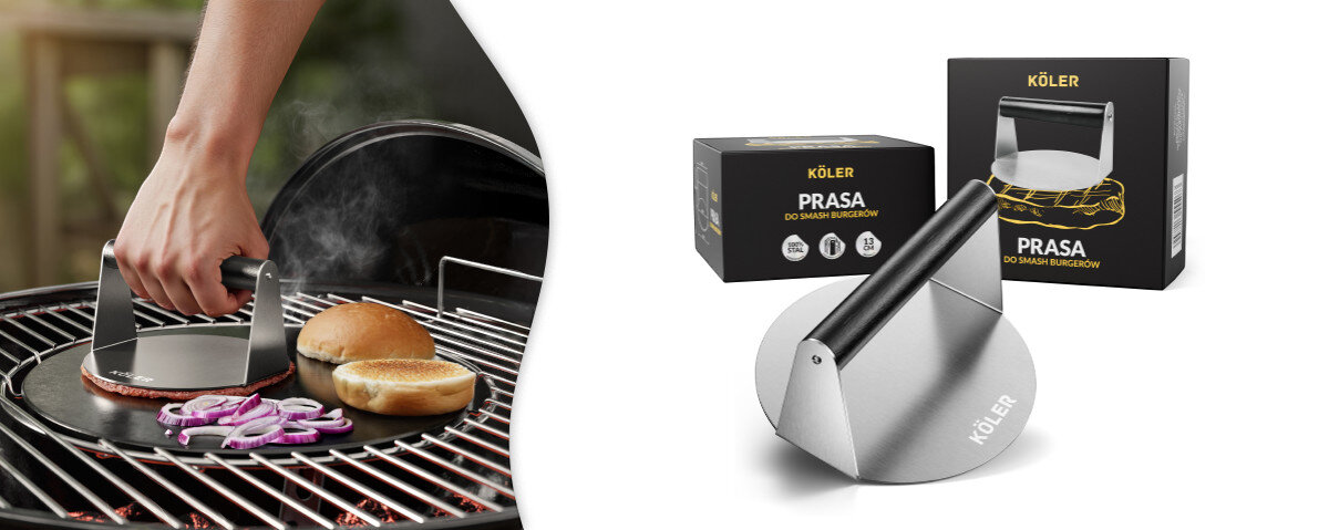 Prasa do burgerów KOLER KRA39, burgery, smash, domowe, XL, Smażenie burgerów na grillu oraz prezentacja opakowania produktu. 
