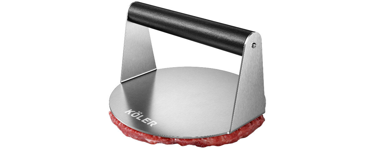 Prasa do burgerów KOLER KRA39, karmelizacja, soczyste, chrupiące, steki, Dociskanie surowego mięsa na burgera za pomocą stalowej prasy.