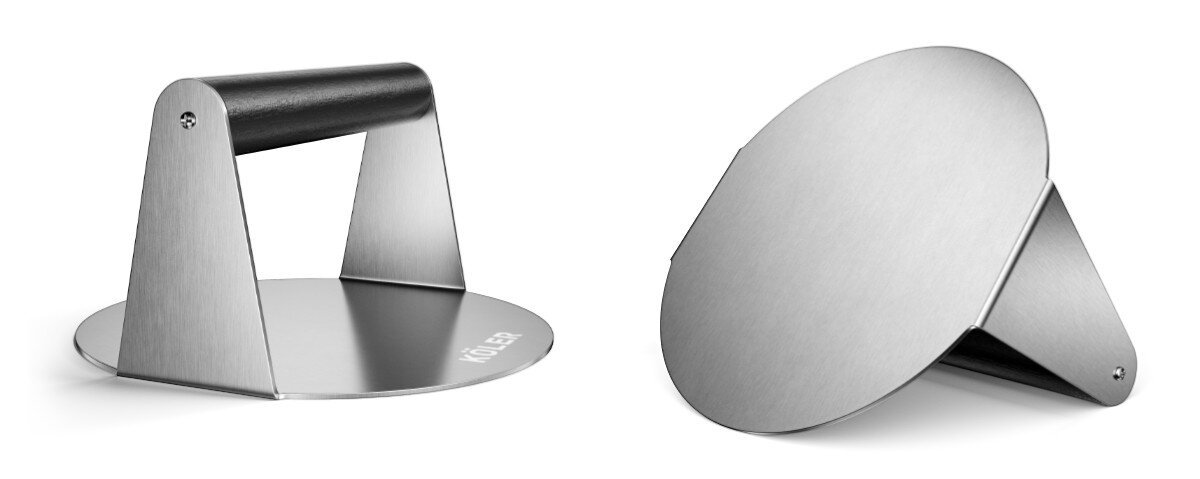 Prasa do burgerów KOLER KRA39, stal, nierdzewna, odporna, czyszczenie, Stalowa prasa do burgerów z logotypem, widok z przodu i od spodu. 