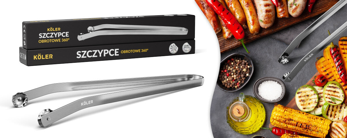 Szczypce do grilla KOLER KRA40, szczypce, rotacyjne, grill, Koler, na białym tle szczypce z opakowaniem oraz szczypce w tle potraw