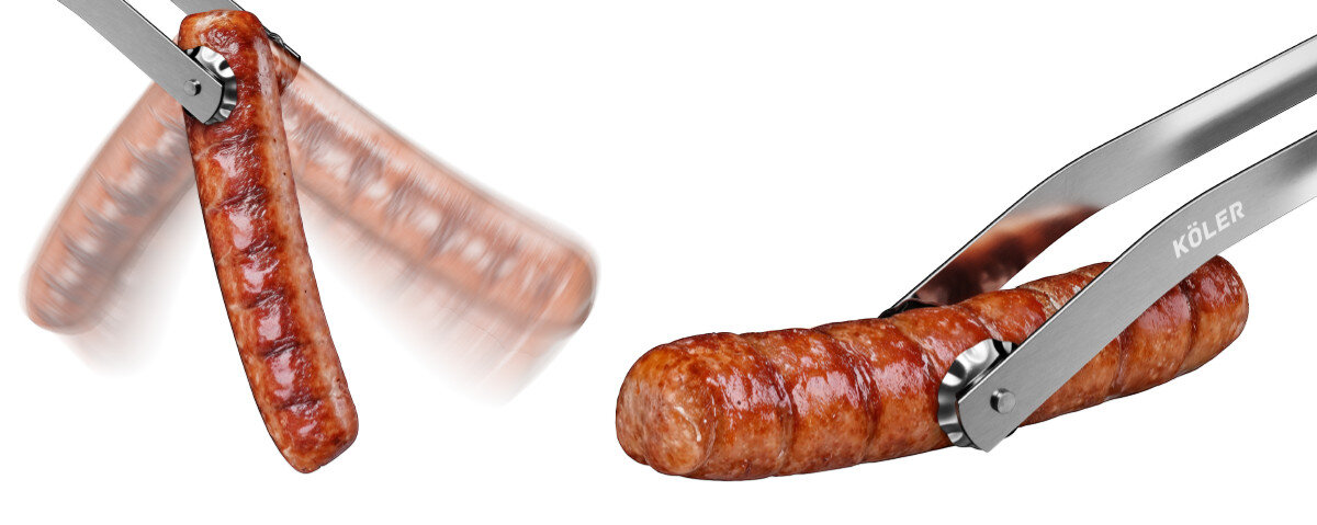 Szczypce do grilla KOLER KRA40, chwyt, stabilny, talerze, obrotowe, na białym tle wizualizacja obrotu kiełbaski na szczypcach