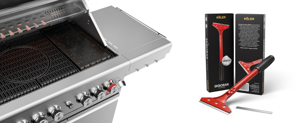 Skrobak KOLER KRA8, skrobak, czyszczenie, ruszt, Koler, na białym tle skrobaczka wraz z opakowaniem i grillem obok