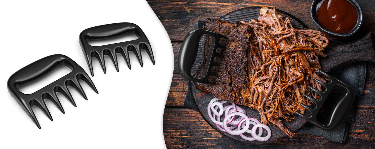 Szpony do szarpania mięsa i do sałatek KOLER KRA47 (2 szt.), szpony, BBQ, pulled, pork, na białym tle szpony, obok zdjęcie mięsa na stole rozszarpane przez szpony