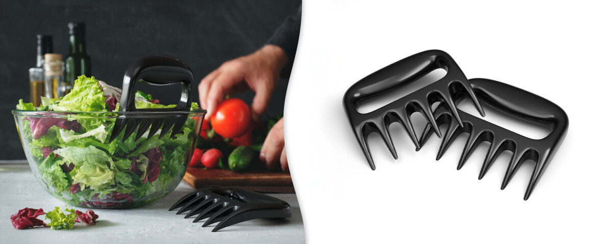 Szpony do szarpania mięsa i do sałatek KOLER KRA47 (2 szt.), tworzywo, temperatura, ostrza, trwałe, na białym tle szpony oraz sałatka w misce