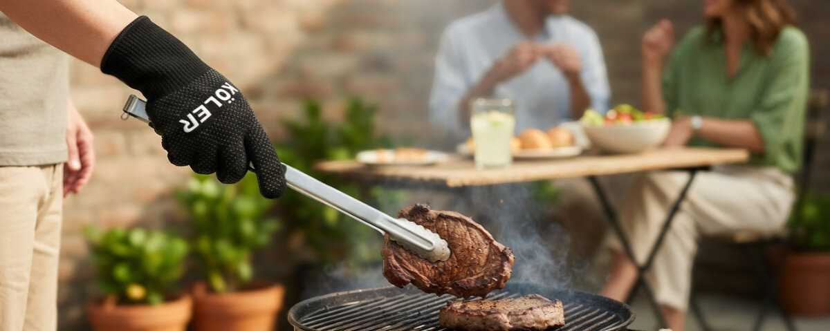 Rękawica do grillowania KOLER KRA52, rękawica, grill, ochrona, Koler, rękawiczka na dłoni operuje potrawami smażącymi się na grillu