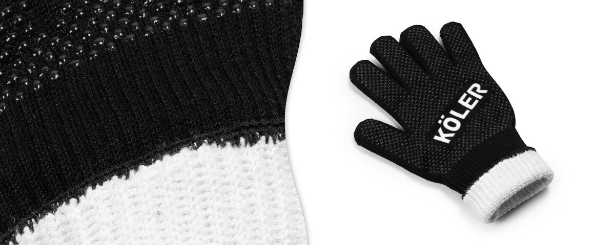 Rękawica do grillowania KOLER KRA52, temperatura, ruszt, piekarnik, uniwersalna, na białym tle rękawica i zbliżenie na szew na krawędzi