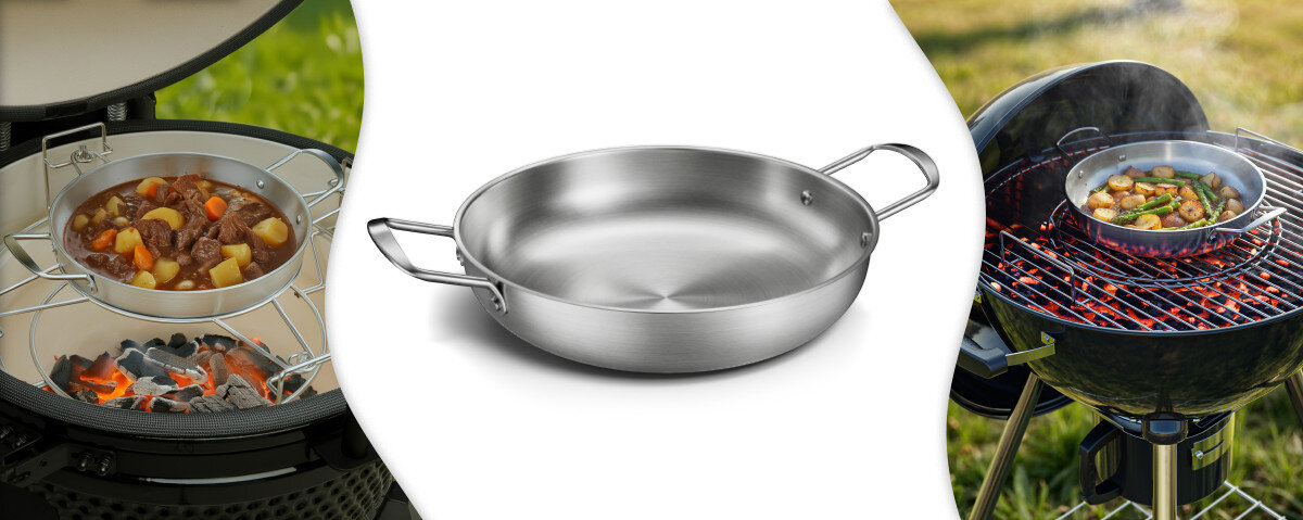 Wok do grilla KOLER KRA48, wok, wszechstronny, gulasz, risotto, 2 zdjęcia zastosowania woka na grillu oraz wok na białym tle