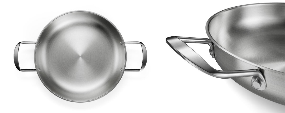 Wok do grilla KOLER KRA48, średnica, rączki, przewodzenie, trwały, na białym tle wok od góry i zbliżenie na uchwyty boczne