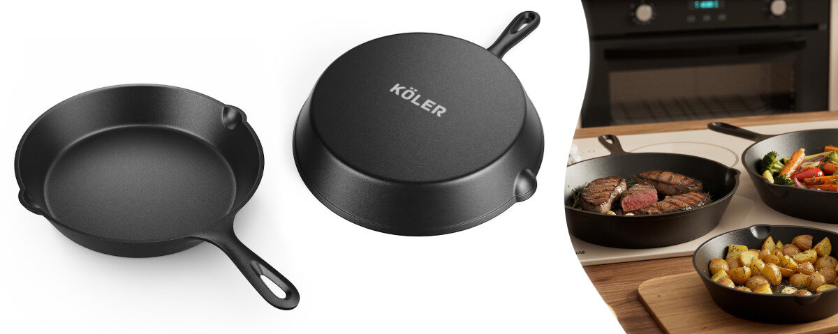 Zestaw patelni grillowych KOLER KEM-03 + nakładka silikonowa (4 elementy), zestaw, patelnie, grillowe, Koler, na białym tle patelnie wraz z zastosowaniem ich w kuchni
