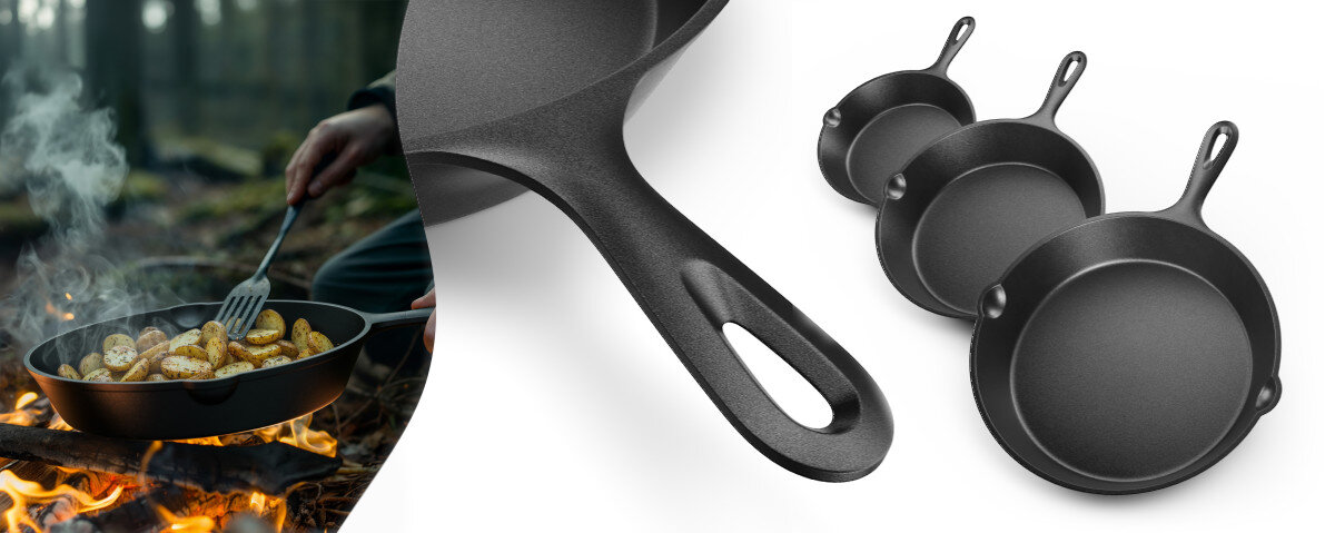 Zestaw patelni grillowych KOLER KEM-03 + nakładka silikonowa (4 elementy), żeliwo, nagrzewanie, nieprzywieranie, trwałe, na białym tle patelnie szeregiem obok siebie, obok zdjęcie w lesie