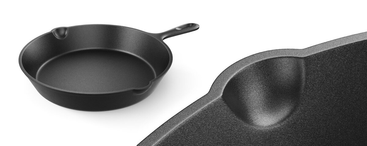 Zestaw patelni grillowych KOLER KEM-03 + nakładka silikonowa (4 elementy), rączki, wylewki, zawieszenie, chwyt, na białym tle zbliżenie na wylewki patelni