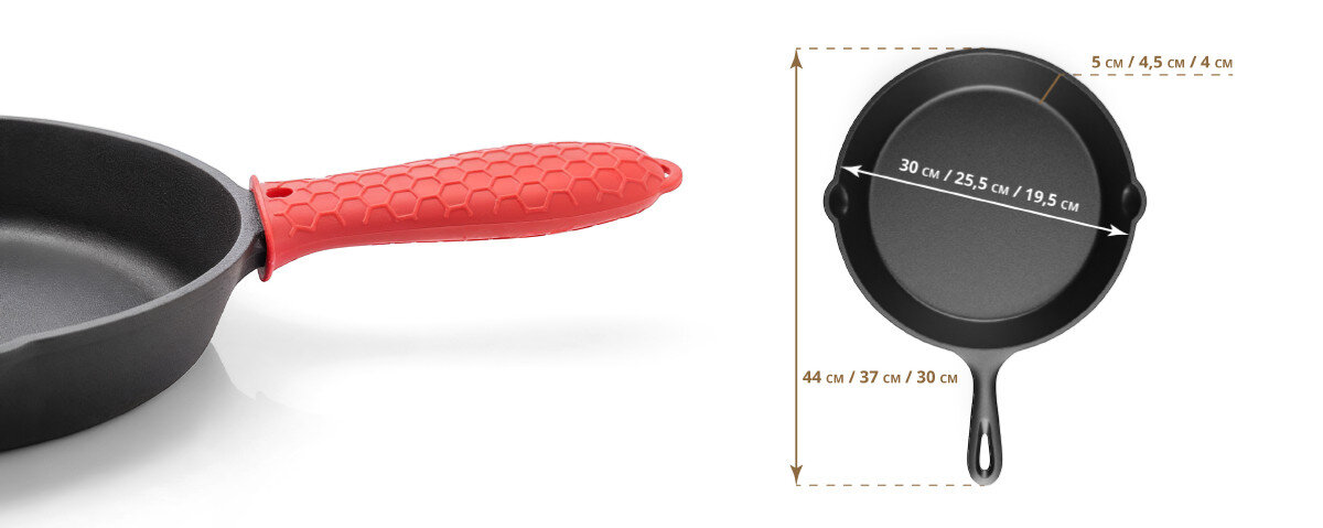 Zestaw patelni grillowych KOLER KEM-03 + nakładka silikonowa (4 elementy), indukcja, piekarnik, ognisko, wszechstronny, na białym tle patelnia z podaniem wymiarów oraz uchwyt jednej z patelni wraz z nałożoną silikonową rączką