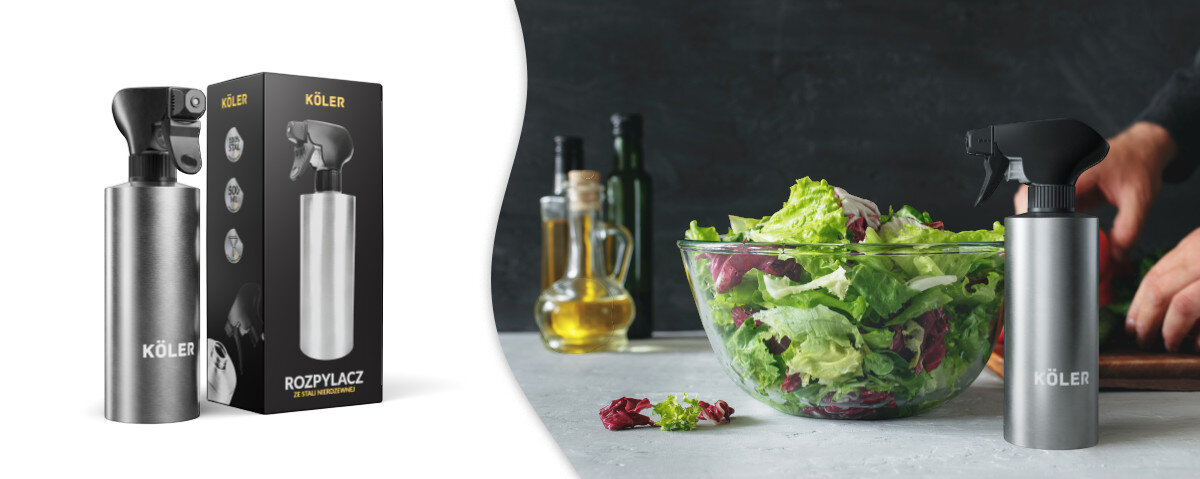 Rozpylacz oleju KOLER KRA41, rozpylacz, olej, marynaty, precyzyjny, na białym tle rozpylacz, obok wizualizacja potraw z sałatką