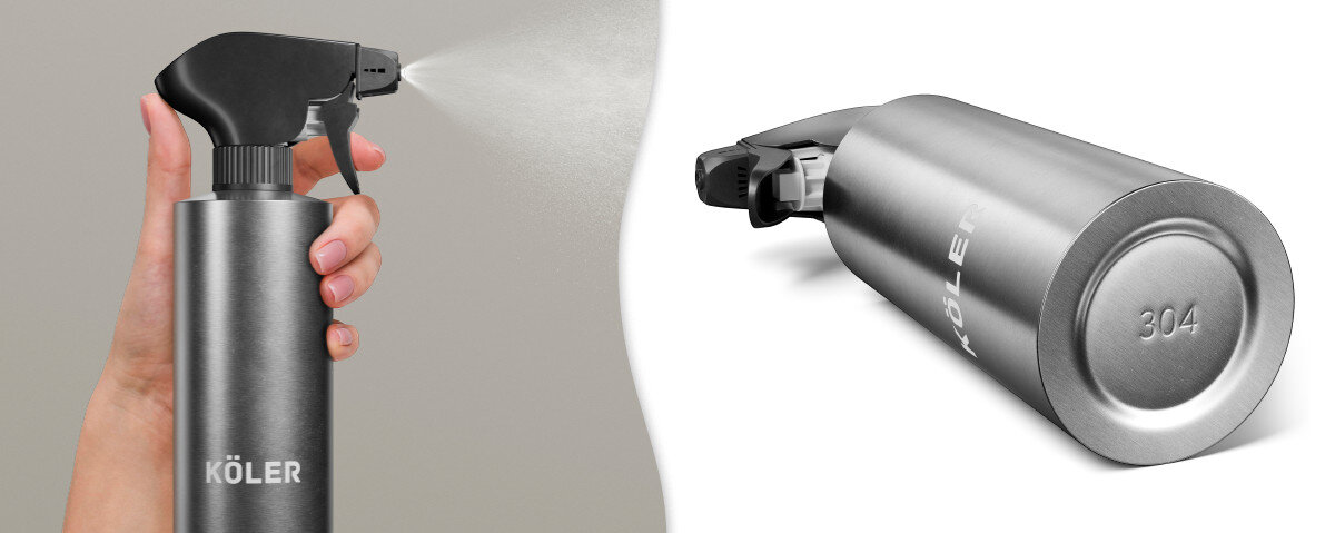 Rozpylacz oleju KOLER KRA41, stal, 304, nierdzewna, neutralna, dłoń rozpryskuje olej rozpylaczem, obok leżący rozpylacz