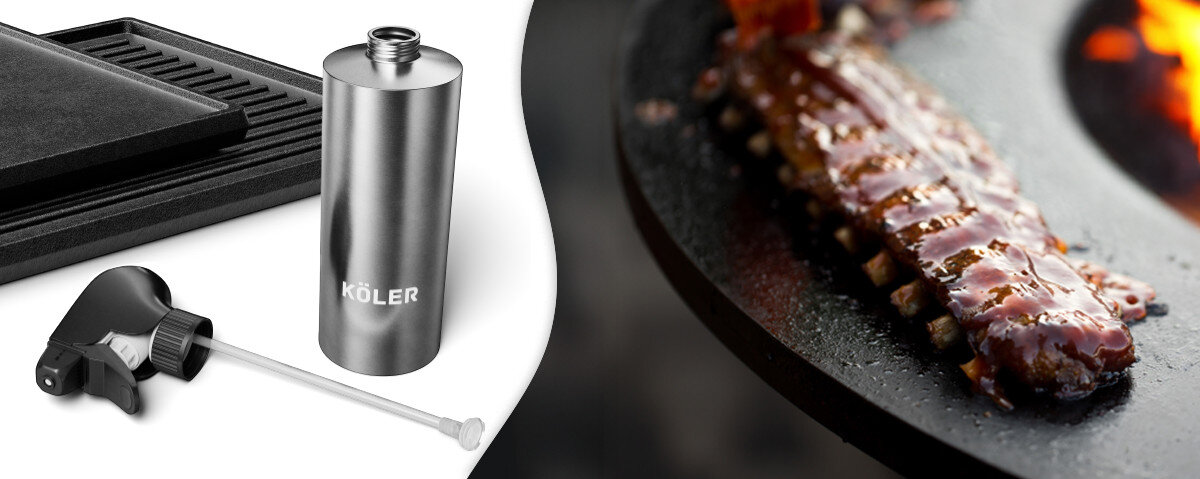 Rozpylacz oleju KOLER KRA41, smarowanie, ruszt, konserwacja, oszczędne, na białym tle rozpylacz z grillem, obok przyrządzone macki ośmiornicy