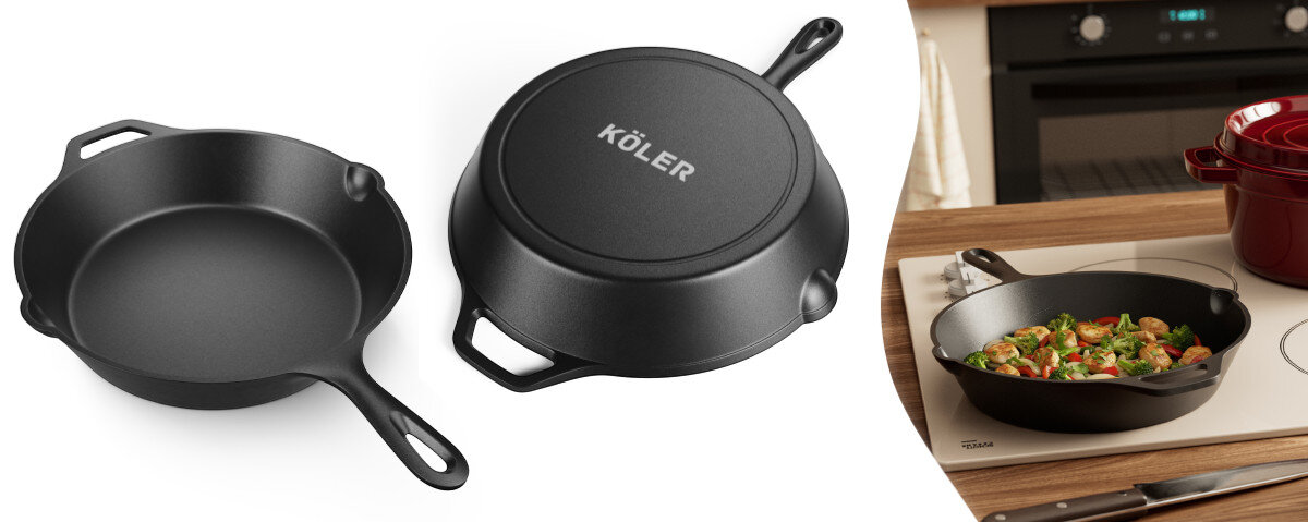 Patelnia żeliwna KOLER KEM-02 26 cm, patelnia, żeliwna, Koler, KEM-02, na białym tle patelnia od góry i dołu wraz z potraami w niej na stole w kuchni