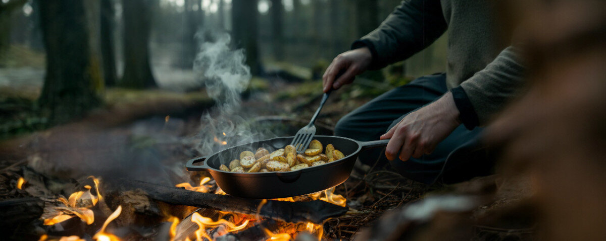 Patelnia żeliwna KOLER KEM-02 26 cm, żeliwo, nagrzewanie, soczystość, aromat, osoba przygotowuje potrawy na ognisku w terenie leśnym