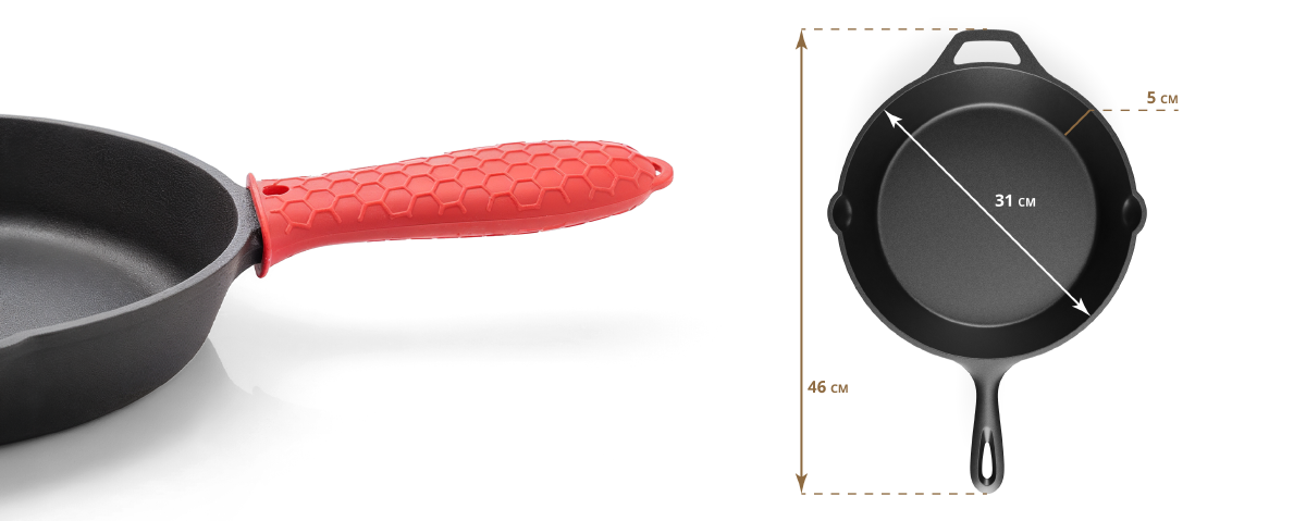 Patelnia żeliwna KOLER KEM-01 31 cm, żeliwo, indukcja, piekarnik, nieprzywierająca, na białym tle zbliżenie na uchwyt silikonowy oraz podanie wymiarów