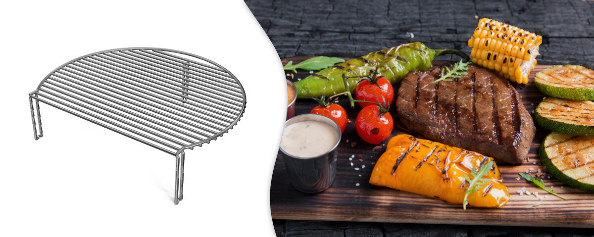 Ruszt do grilla KOLER KRA42, ruszt, górny, grill, Koler, na białym tle ruszt oraz przygotowane potrawy na grillu