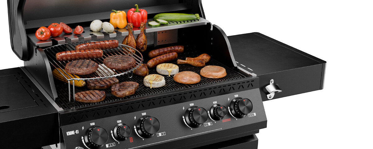 Ruszt do grilla KOLER KRA42, węglowy, gazowy, owoce, sery, na białym tle grill wraz z rusztem na nim