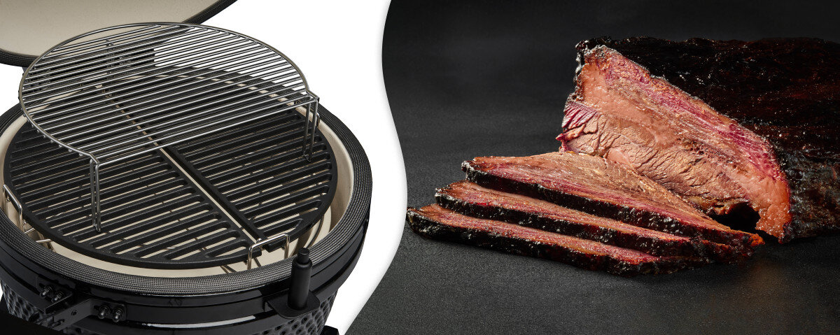 Ruszt do grilla KOLER KRA42, low&slow, żeberka, strefa, ciepło, na białym tle grill z rusztem oraz przyrządzone mięso