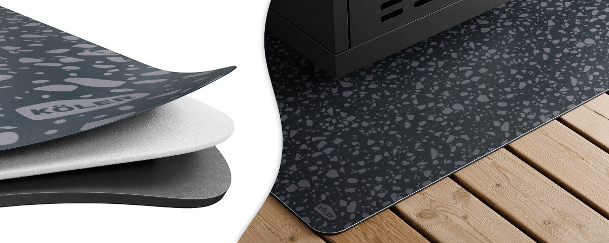 Mata pod grilla KOLER Garante Premium 140 x 100 cm, Trójwarstwowa, trwałość, skuteczność, odporne, na białym tle mata pod grillem i wizualizacja warstw