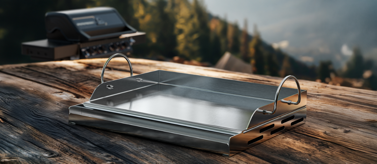 Płyta do grilla KOLER Plancha KRA38, plancha, grill, KRA38, soczyste, Elegancka płyta do grillowania na drewnianym stole w plenerze. 