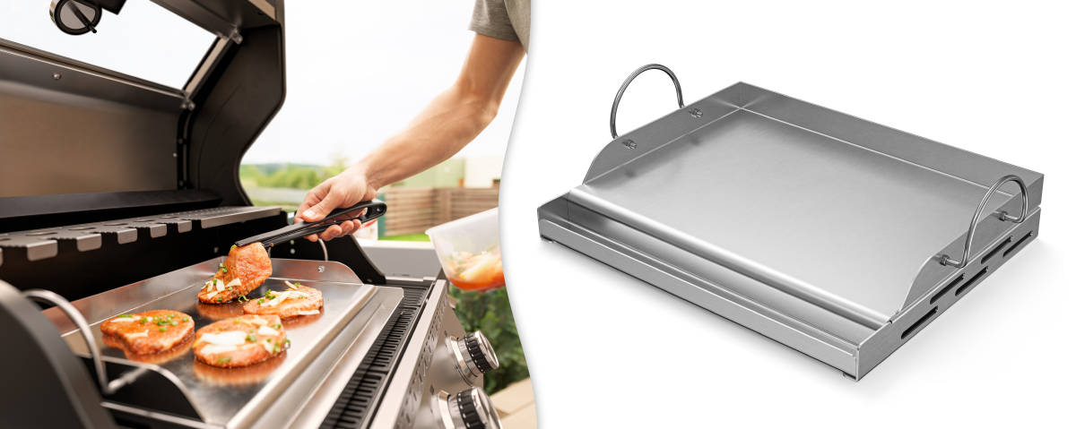 Płyta do grilla KOLER Plancha KRA38, rynnienka, tłuszcz, czystszy, grill, Grillowanie kawałków mięsa na płycie wewnątrz grilla gazowego.