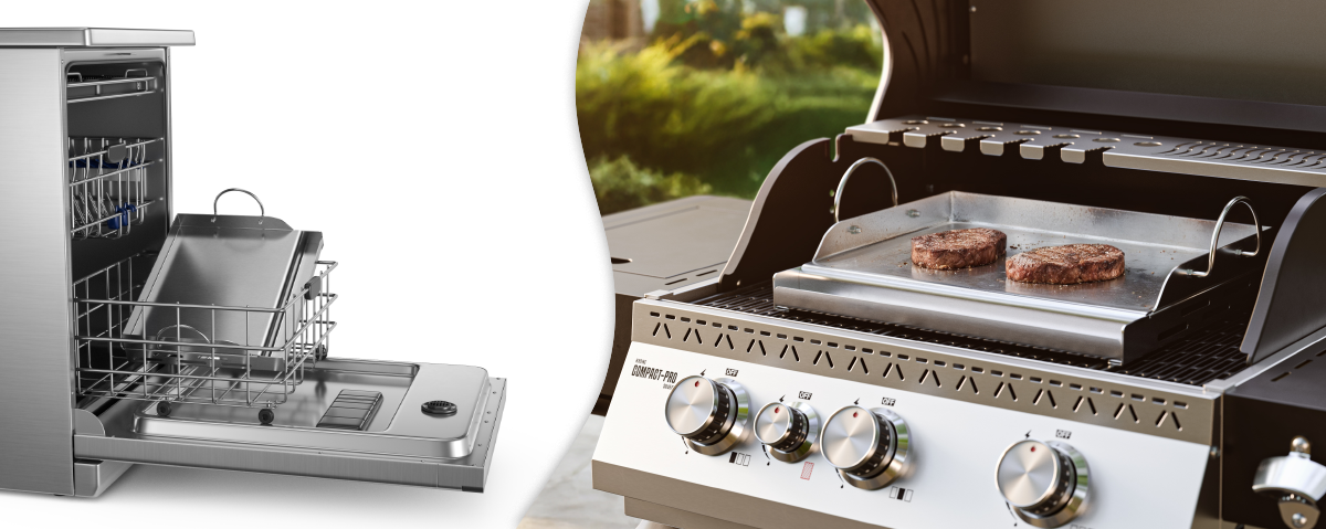 Płyta do grilla KOLER Plancha KRA38, czyszczenie, zmywarka, higieniczne, szybkie, Płyta grillowa w zmywarce oraz podczas smażenia steków na grillu.