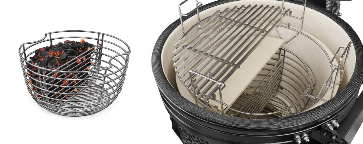 Kosz na węgiel KOLER KRA44, grill, kosz, solidne, trwałość, na białym tle kosz na węgiel w środku grilla oraz na zewnątrz