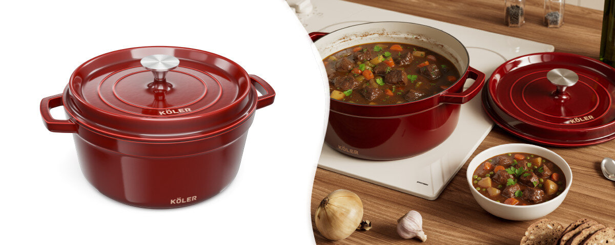 Garnek żeliwny KOLER KEM-04 Czerwony 5L, wsparcie, kuchnia, garnek, gotowanie, na białym tle garnek oraz zastosowanie w kuchni