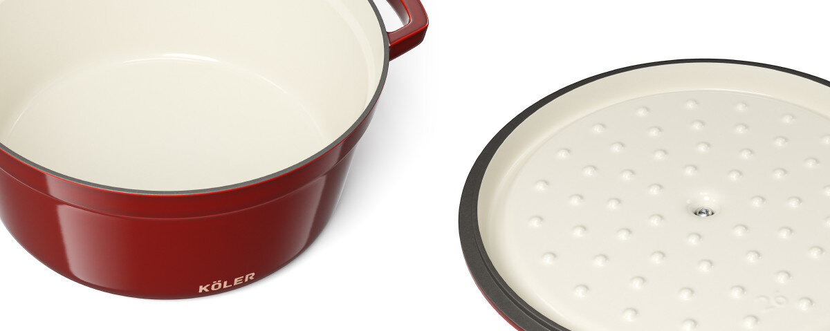 Garnek żeliwny KOLER KEM-04 Czerwony 5L, naczynia, powierzchnia, zarysowania, właściwości, na białym tle garnek z otwartym wnętrzem garnka pokazany od góry