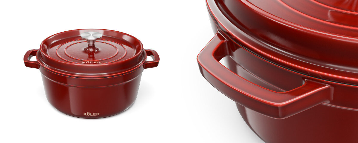 Garnek żeliwny KOLER KEM-04 Czerwony 5L, pokrywka, ozdobny, rozgrzane, ciężkie, na białym tle garnek i zbliżenie na jeden z uchwytów garnka