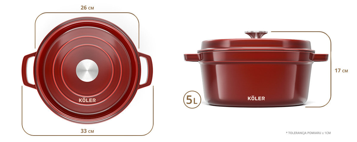 Garnek żeliwny KOLER KEM-04 Czerwony 5L, obudowa, solidne, odporność, trwałość, na białym tle garnek z podaniem jego wymiarów