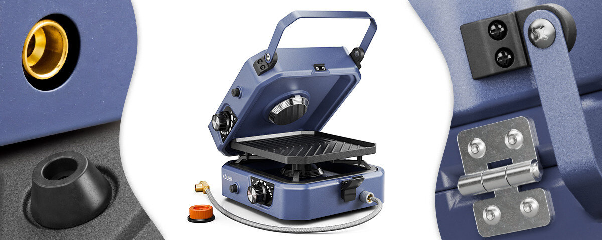 Kuchenka turystyczna KOLER Camp 2.0, trwała, odporna, uszkodzenia, design, na białym tle kuchenka oraz uchwyty i nóżki antypoślizgowe