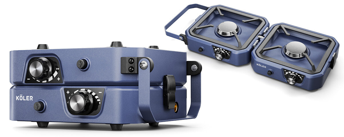 Kuchenka turystyczna KOLER Camp 2.0, szczelne, pokrowiec, duże, garnki, swoboda, na białym tle kuchenka złożona i rozłożona