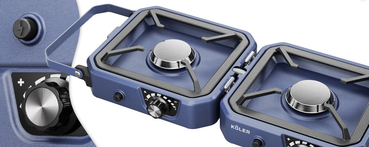 Kuchenka turystyczna KOLER Camp 2.0, wykończenie, fire boost, orb pro, kontrola, na białym tle kuchenka rozłożona i zbliżenie na pokrętło kuchenki