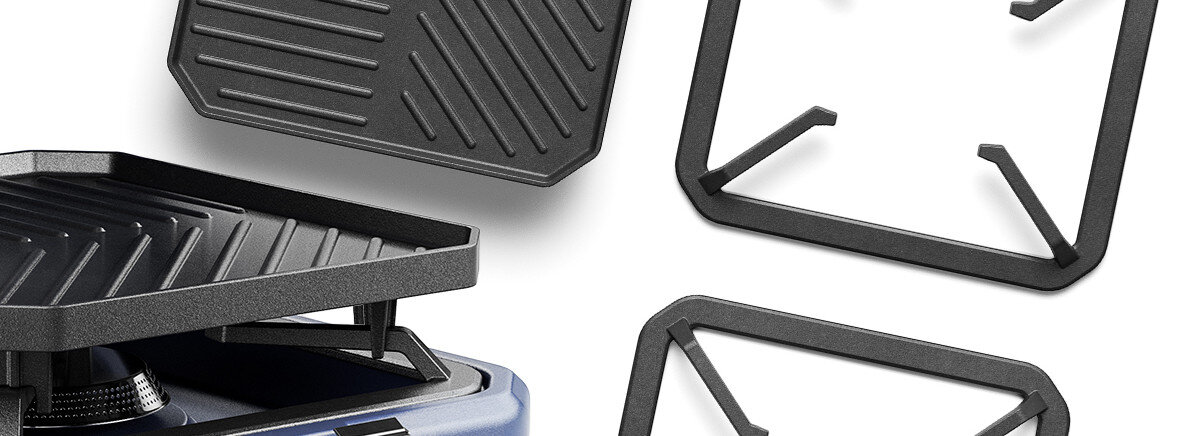 Kuchenka turystyczna KOLER Camp 2.0, stabilność, żeliwo, płyta, grill, na białym tle zbliżenie na żeliwne nakładki oraz kuchenkę