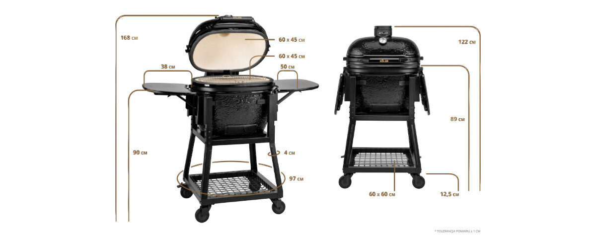 Grill węglowy KOLER Kamado EG23, kocioł, owalny, ruszt, wózek, na białym tle grill frontem na wprost z podaniem wymiarów