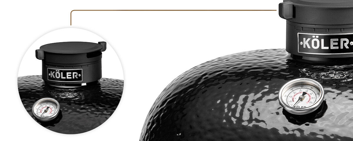 Grill węglowy KOLER Kamado EG23, komin, żeliwny, termometr, regulacja, na białym tle zbliżenie na komin grilla oraz na wbudowany termometr