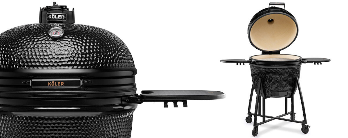 Grill węglowy KOLER Kamado EG29, ceramika, izolacja, emalia, trwała, na białym tle 2 zdjęcia grilla z otwartą górą i zbliżeniem na powłokę ceramiczną