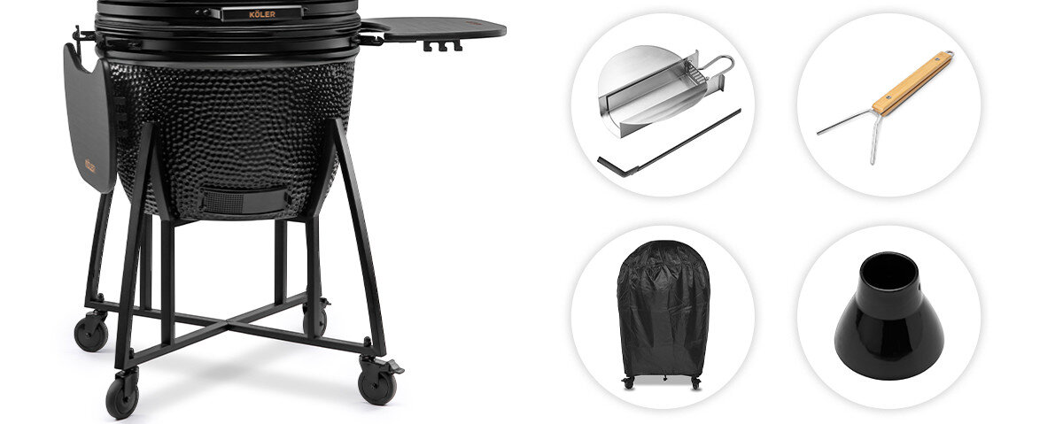Grill węglowy KOLER Kamado EG29, wózek, półki, haczyki, pokrowiec, na białym tle akcesoria grilla wraz z grillem