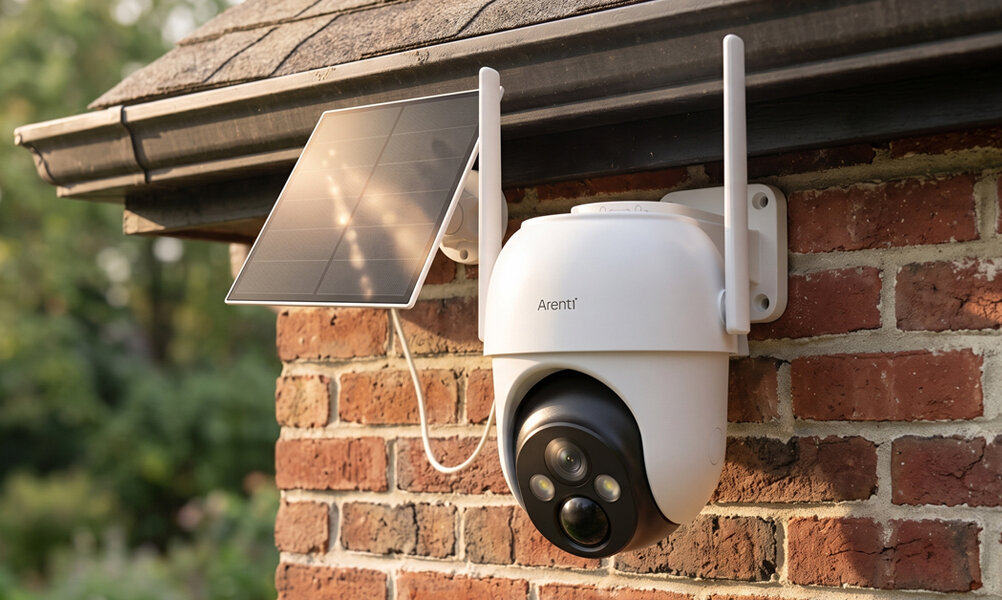 Kamera ARENTI GO2T Zewnętrzna, Wi-Fi, Kamera obrotowa + Panel solarny Pod krawędzią dachu, na ceglanej ścianie, zamontowana jest kamera Arenti. Obok niej przymocowano panel solarny. rozdzielczości 2304 × 1296 pikseli Obiektyw o ogniskowej 4 mm pole widzenia 85° w poziomie 50° w pionie 100° po przekątnej obrót do 355° pochylenie w zakresie od 0° do 90° Zdalne sterowanie kierunkiem obrazu