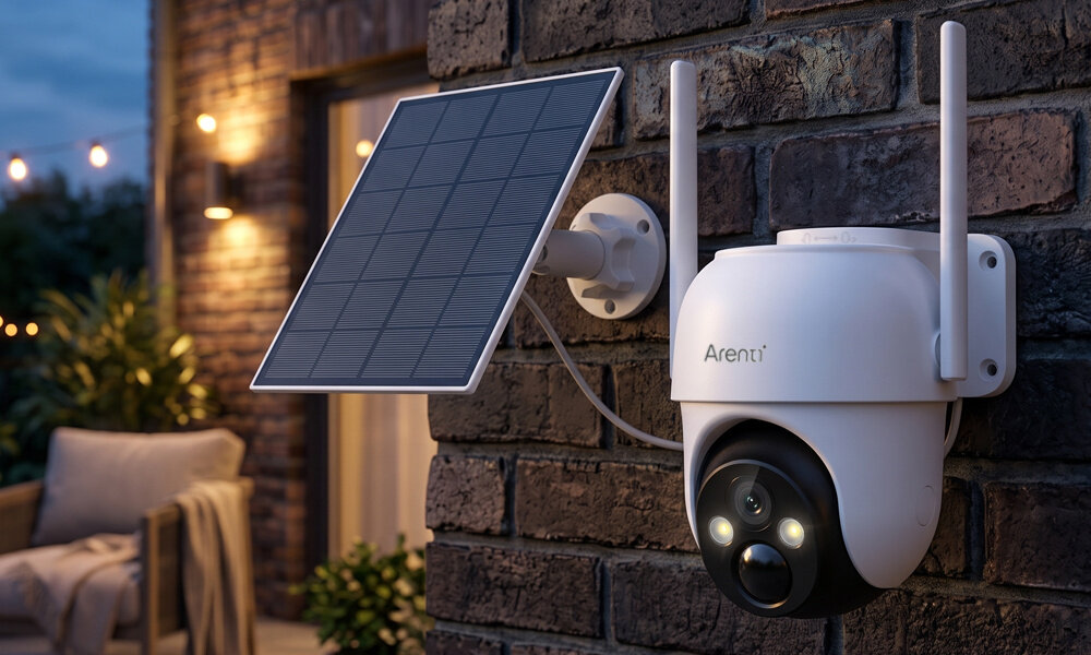 Kamera ARENTI GO2T Zewnętrzna, Wi-Fi, Kamera obrotowa + Panel solarny Kamera Arenti z panelem solarnym wisi na ciemnej ścianie z cegły. W tle widać klimatycznie oświetlony taras nocą. automatyczny tryb nocny z podczerwienią, obrazem kolorowym lub czarno-białym do 10 metrów białe światło