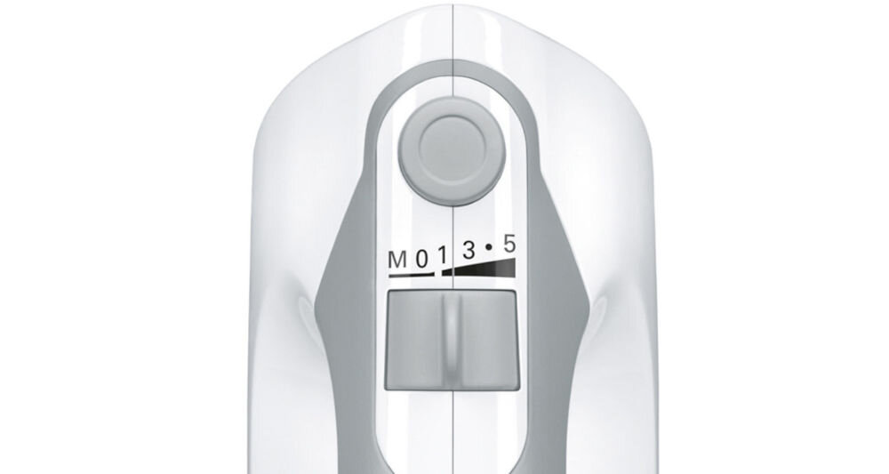 Mikser BOSCH ErgoMixx MFQ36465 Biały góra miksera biała obudowa szare elementy suwak białe tło łatwa Wymiana mieszadeł i haków specjalny przycisk jedno dotknięcie szybka wygodna wymiana błyskawicznie bez wysiłku wygoda oszczędność czasu 