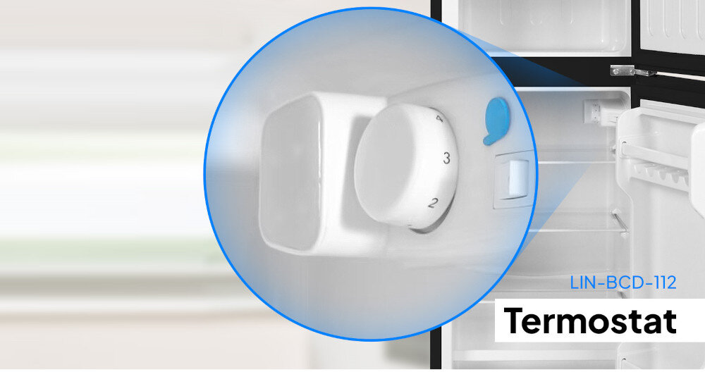 LODÓWKA LIN LI-BCD-112 CZARNA zbliżenie wnętrze lodówki termostat pokrętło regulacja temperatury ustawienia świeże produkty