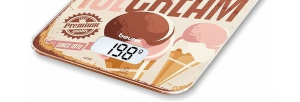 Waga BEURER KS 19 Ice Cream komfortowe uzytkowanie informacja powiadomienie funkcja automatycznego wylaczenia maksymalne obciazenie 5000 gramow wskaznik przeciazenia