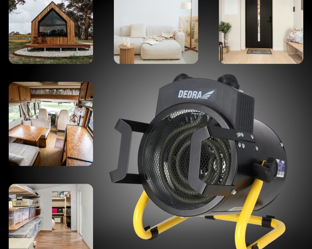 Nagrzewnica elektryczna DEDRA DED9930B, moc, ogrzewanie, ciepło, nawiew, Dedra DED9930B na tle grafiki z wizualizacją zastosowań – garaż, warsztat, dom, putnia, biuro.