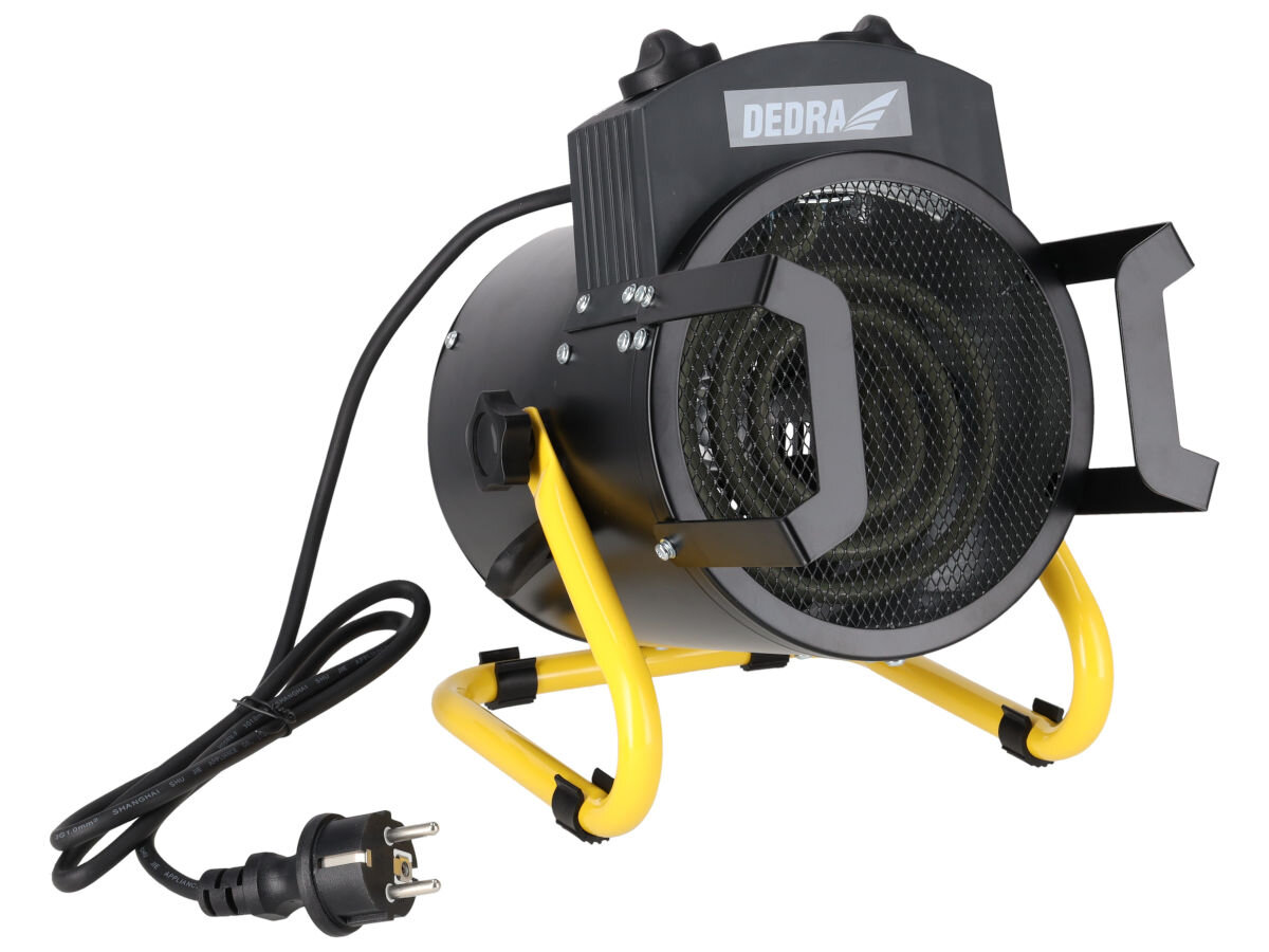 Nagrzewnica elektryczna DEDRA DED9930B, moc, ergonomia, mobilność, wydajność,  Front nagrzewnicy DED9930B – czarna kratka, ceramiczne elementy grzewcze, logo Dedra.