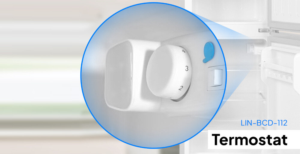 LODÓWKA LIN LI-BCD-112 BIAŁA zbliżenie wnętrze lodówki termostat pokrętło regulacja temperatury ustawienia świeże produkty